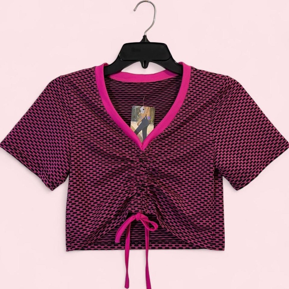 VKVR Pink Black Geometric Tie Front Crop Top V-Neck Y2K Honeycomb S/M NWT